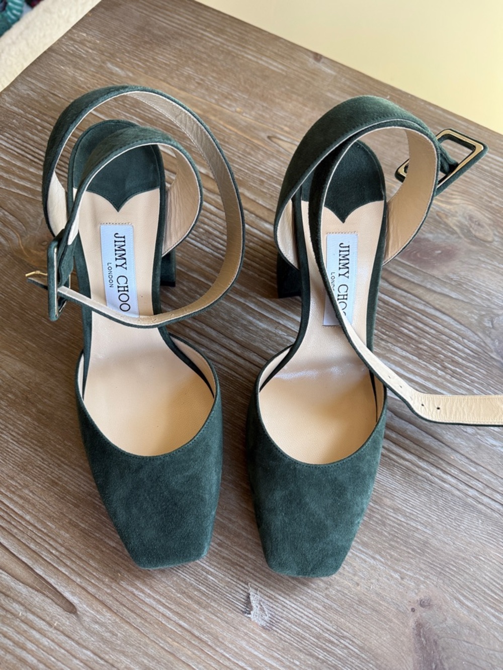 Jimmy Choo Dark Green Suede Ankle-Strap Block Heel Pumps